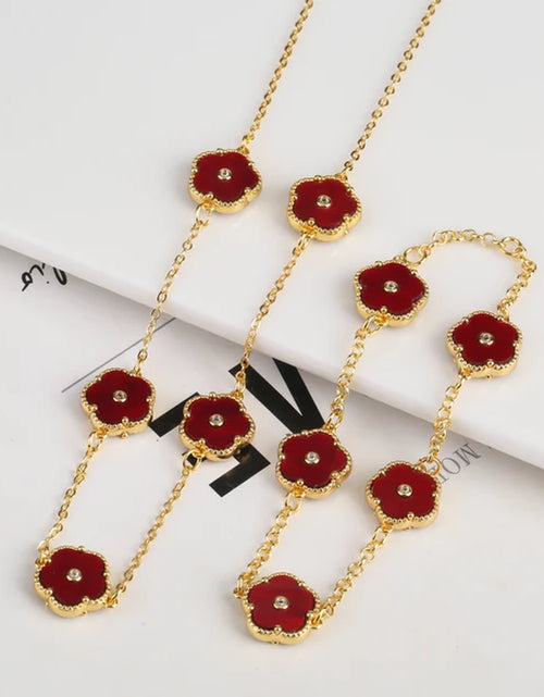 Load image into Gallery viewer, 2PC Plant Plum Blossom Zircon Five Leaf Petal Flower Necklace Bracelet Jewelry Set Luxury Beimu Women&#39;S Temperament Gift
