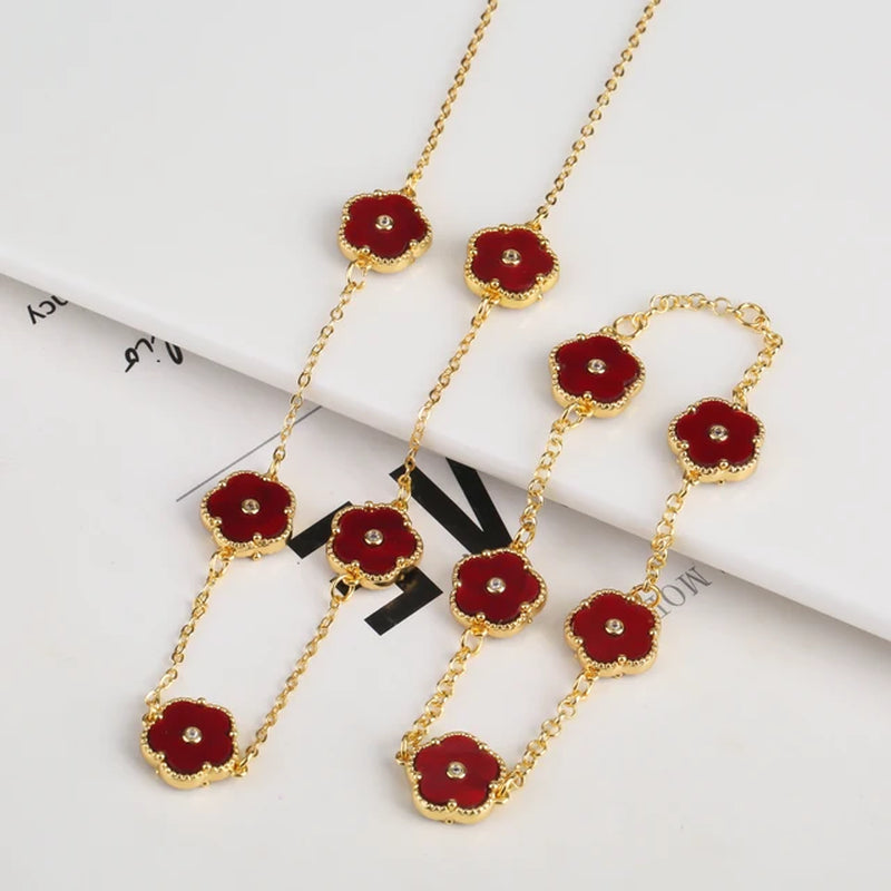 2PC Plant Plum Blossom Zircon Five Leaf Petal Flower Necklace Bracelet Jewelry Set Luxury Beimu Women'S Temperament Gift