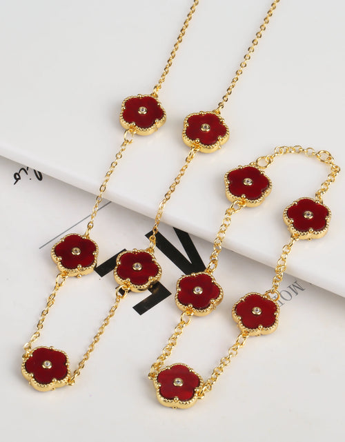 Load image into Gallery viewer, 2PC Plant Plum Blossom Zircon Five Leaf Petal Flower Necklace Bracelet Jewelry Set Luxury Beimu Women&#39;S Temperament Gift
