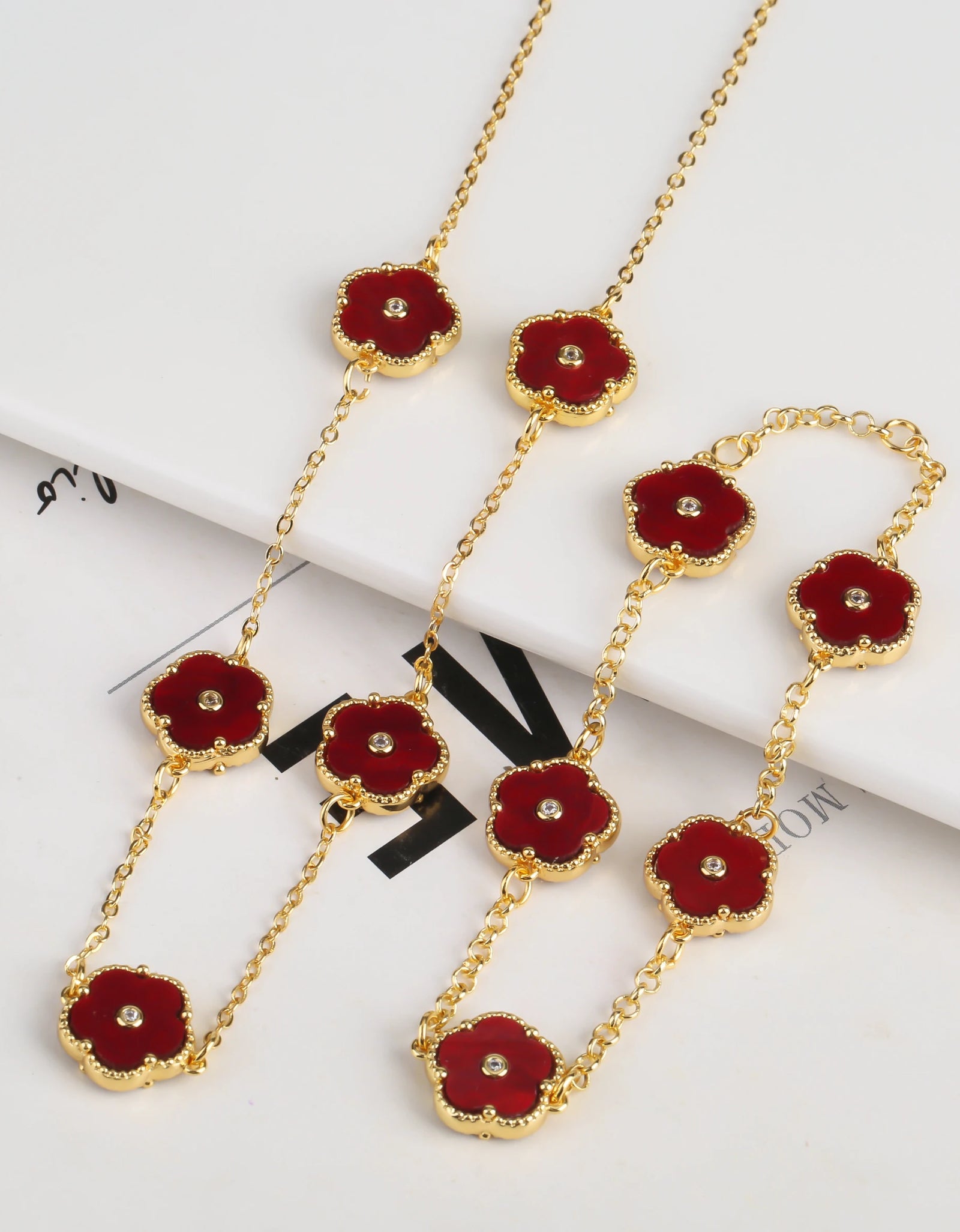 2PC Plant Plum Blossom Zircon Five Leaf Petal Flower Necklace Bracelet Jewelry Set Luxury Beimu Women'S Temperament Gift