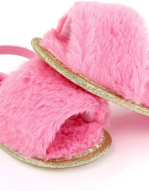 Load image into Gallery viewer, Newborn Infant Baby Plush Slippers Unisex Toddler Soft Sole Faux Fur Prewalker Sandals with Elastic Back Strap
