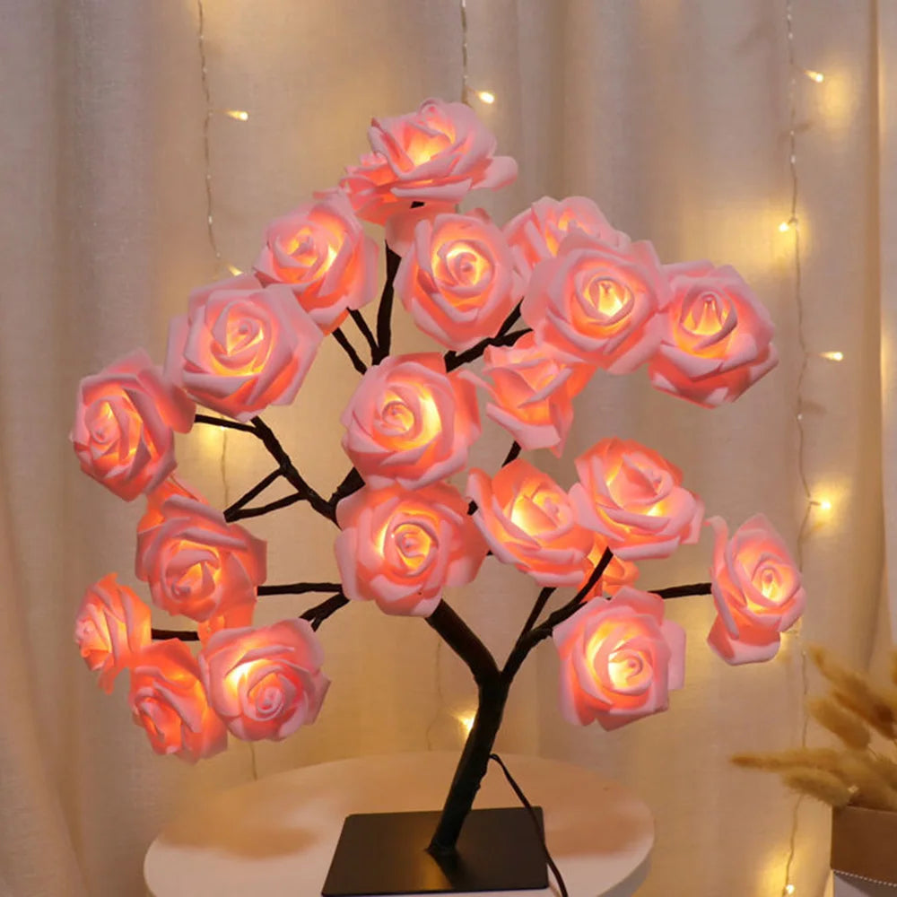 24 LED Rose Flower Tree Lights USB Table Lamp Home Decoration LED Table Lights Parties Xmas Christmas Wedding Bedroom Decor