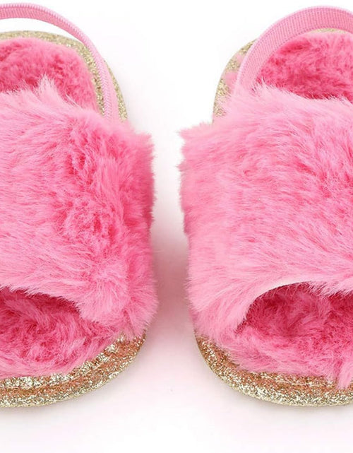 Load image into Gallery viewer, Newborn Infant Baby Plush Slippers Unisex Toddler Soft Sole Faux Fur Prewalker Sandals with Elastic Back Strap
