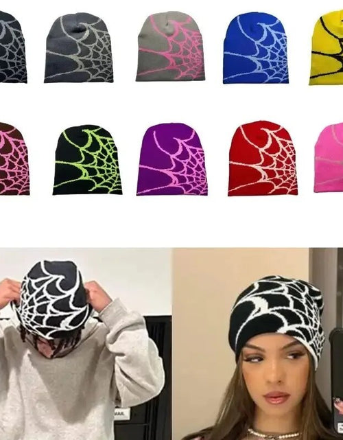 Load image into Gallery viewer, Y2K Beanie Spider Web Hat Y2K Knit Beanie Hat Skullies Beanie Spider Web Beanie Hat Baggy Slouchy Beanie Cap Skull Cap
