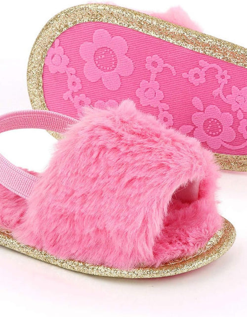 Load image into Gallery viewer, Newborn Infant Baby Plush Slippers Unisex Toddler Soft Sole Faux Fur Prewalker Sandals with Elastic Back Strap
