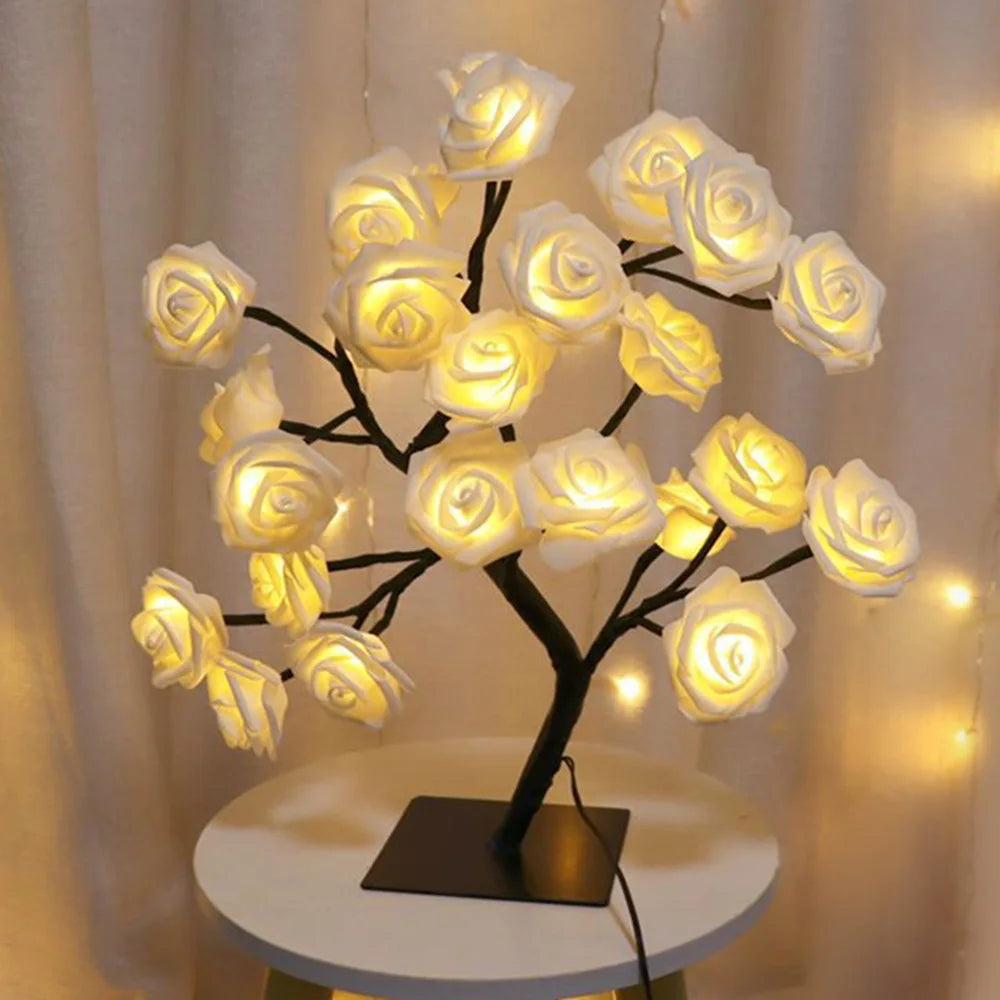 24 LED Rose Flower Tree Lights USB Table Lamp Home Decoration LED Table Lights Parties Xmas Christmas Wedding Bedroom Decor