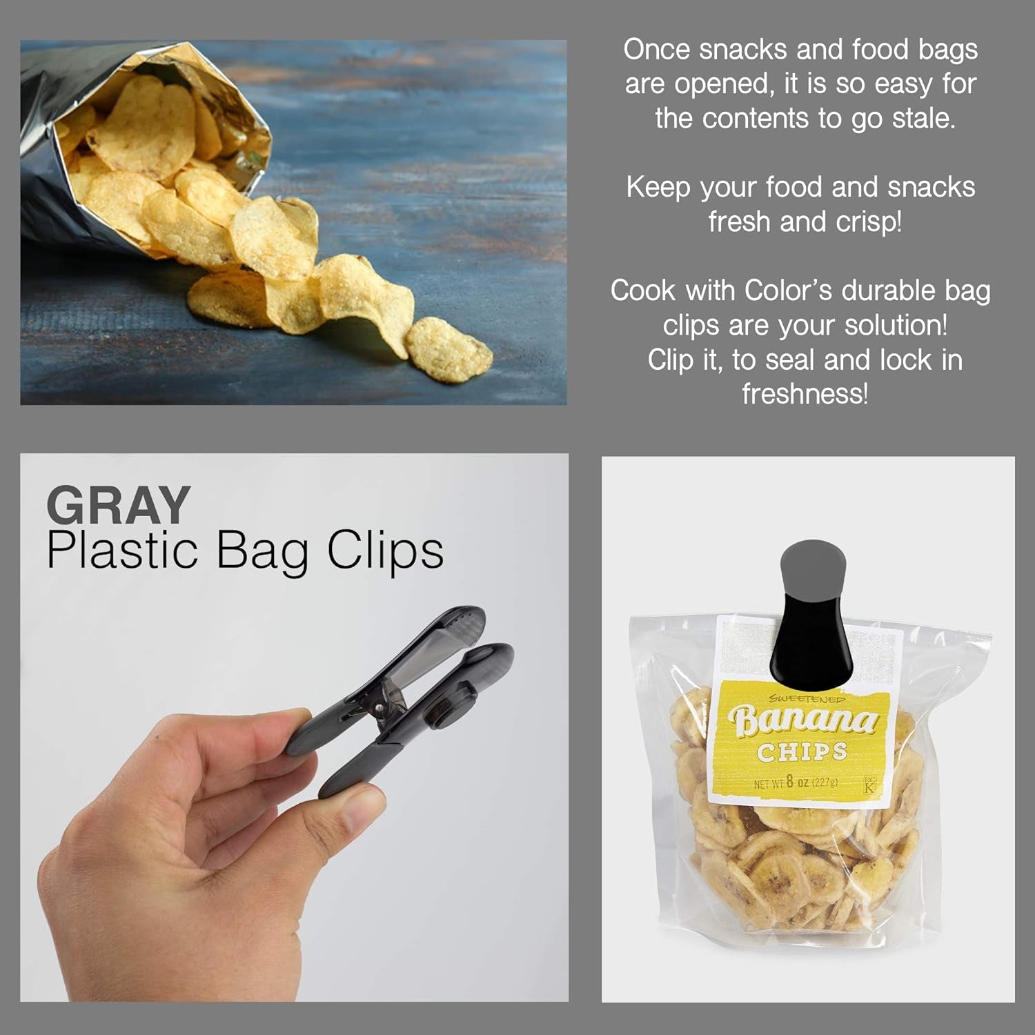 10 Pc Bag Clip with Magnet- Chip Bag Clip, Sealing Food Clips, Plastic Clips for Food and Kitchen Storage, Chip Clip and Snack Bag Clips, Fridge Clips - Gray