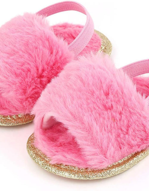 Load image into Gallery viewer, Newborn Infant Baby Plush Slippers Unisex Toddler Soft Sole Faux Fur Prewalker Sandals with Elastic Back Strap
