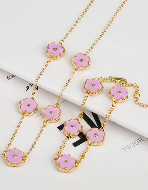 Load image into Gallery viewer, 2PC Plant Plum Blossom Zircon Five Leaf Petal Flower Necklace Bracelet Jewelry Set Luxury Beimu Women&#39;S Temperament Gift
