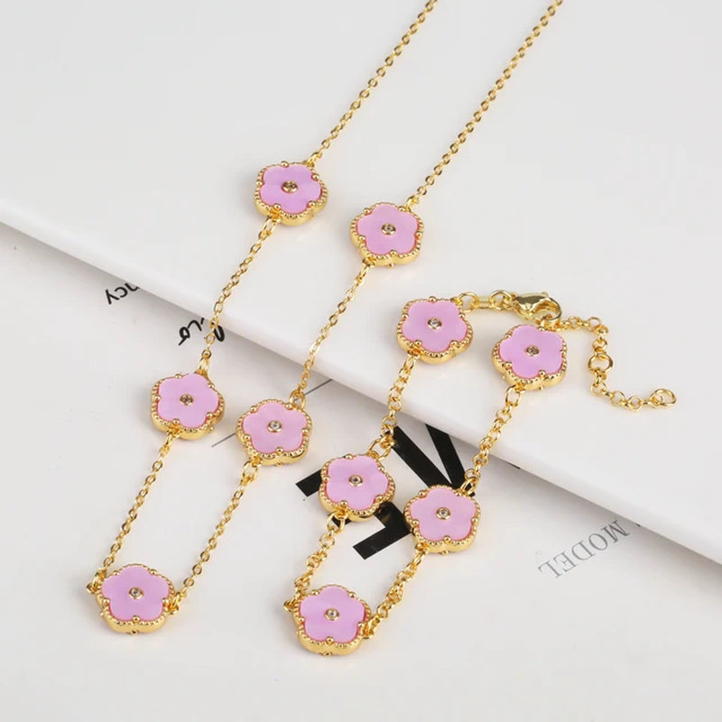 2PC Plant Plum Blossom Zircon Five Leaf Petal Flower Necklace Bracelet Jewelry Set Luxury Beimu Women'S Temperament Gift