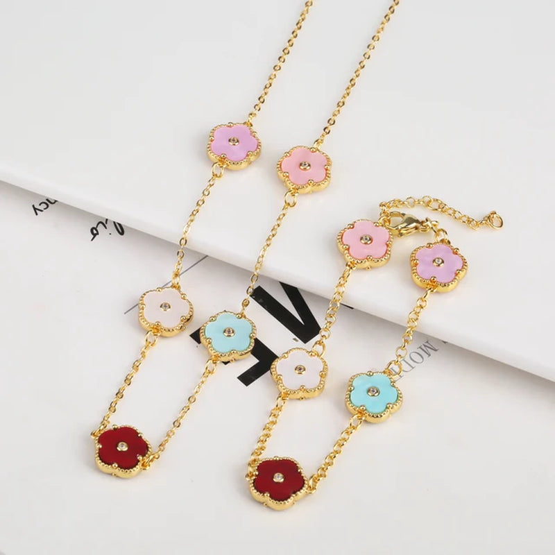 2PC Plant Plum Blossom Zircon Five Leaf Petal Flower Necklace Bracelet Jewelry Set Luxury Beimu Women'S Temperament Gift