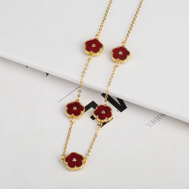 2PC Plant Plum Blossom Zircon Five Leaf Petal Flower Necklace Bracelet Jewelry Set Luxury Beimu Women'S Temperament Gift