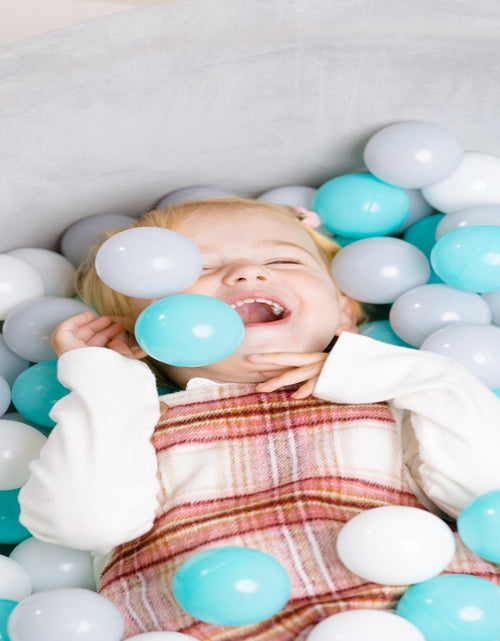 Load image into Gallery viewer, Grey Velvet Ball Pit with 200 Aqua, White, &amp; Grey Balls
